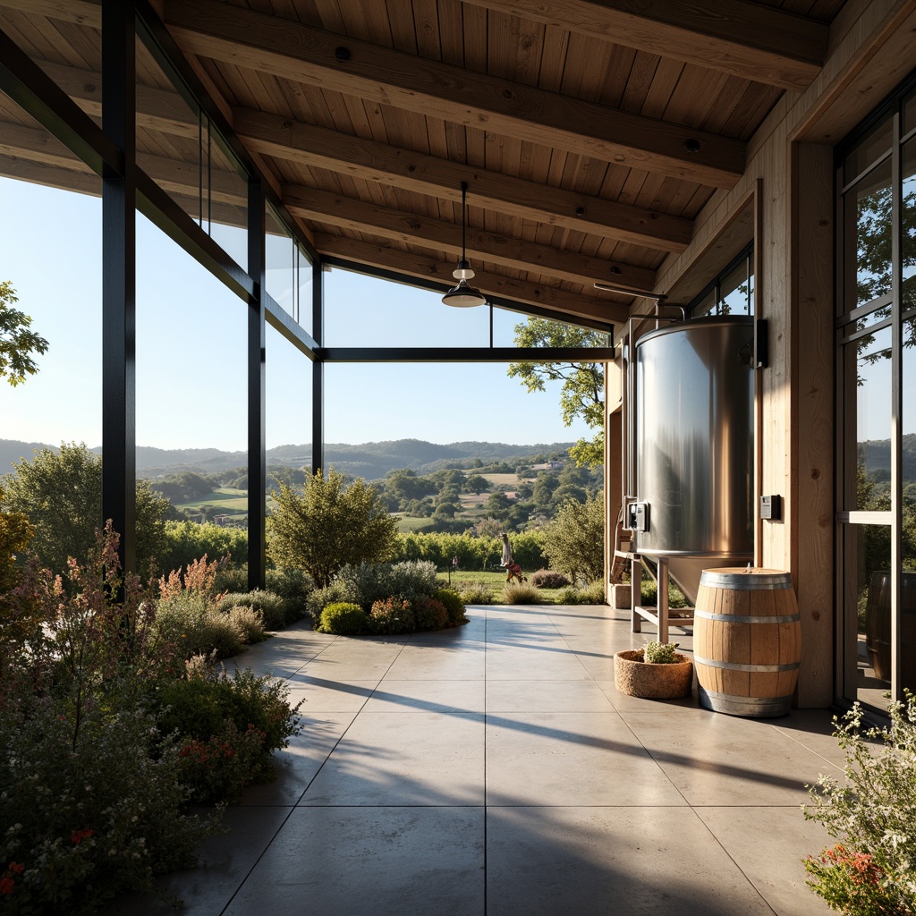 Prompt: Luxurious winery, high-tech equipment, stainless steel tanks, oak barrels, sleek glass walls, minimalist metal frames, modern LED lighting, polished concrete floors, reclaimed wood accents, rustic stone walls, vineyard views, rolling hills, sunny afternoon, soft natural light, shallow depth of field, 3/4 composition, panoramic view, realistic textures, ambient occlusion.