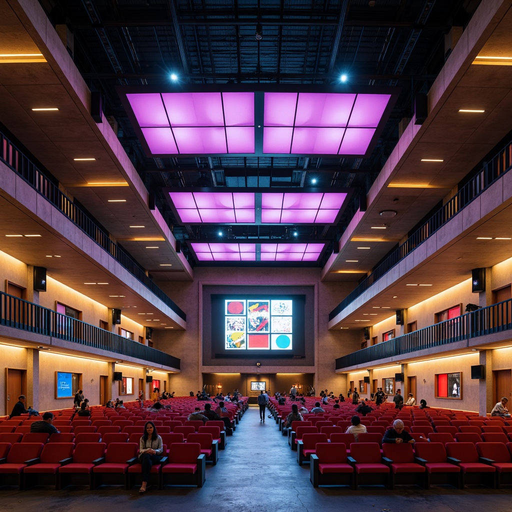 Prompt: Geometric auditorium, asymmetrical facade, cantilevered rooflines, rectangular windows, industrial materials, raw concrete walls, steel beams, minimalist ornamentation, functional aesthetics, bold color blocking, primary color scheme, geometric patterns, abstract art installations, modern lighting fixtures, dramatic spotlights, high ceilings, open floor plans, flexible seating arrangements, dynamic spatial experiences, futuristic ambiance, cinematic atmosphere, shallow depth of field, 2/3 composition, symmetrical framing.