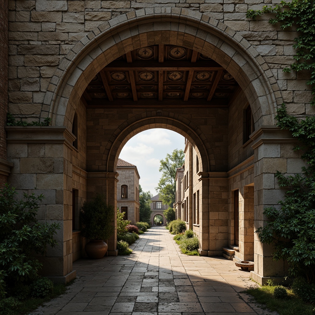 Prompt: Romanesque archway, grand entrance, ornate carvings, rustic stone walls, vaulted ceilings, dramatic lighting, mysterious shadows, ancient ruins, weathered stonework, moss-covered facades, historic landmarks, classical columns, intricate capitals, ornamental foliage, mystical ambiance, warm earthy tones, atmospheric perspective, 1/1 composition, symmetrical framing, subtle color grading.