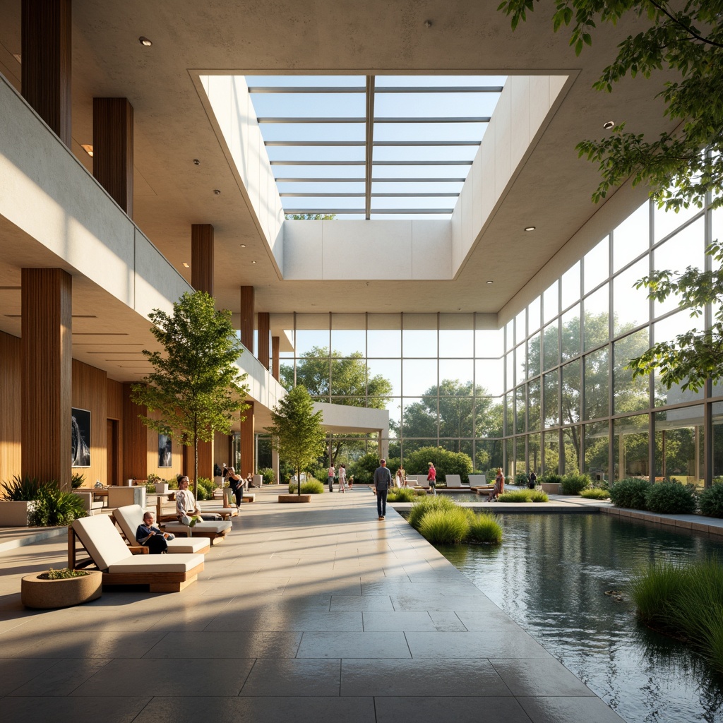 Prompt: Soothing rehabilitation center, abundant natural light, floor-to-ceiling windows, skylights, gentle sunlight, warm wood accents, calming color palette, comfortable seating areas, lush greenery, serene water features, peaceful ambiance, modern architecture, minimal ornamentation, soft diffused lighting, subtle shading, 1/1 composition, realistic textures, ambient occlusion.