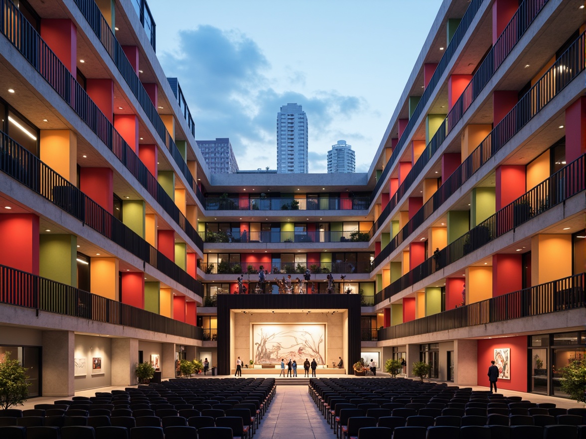 Prompt: Geometric auditorium, asymmetrical facade, bold color blocking, rectangular windows, cantilevered balconies, functional minimalism, industrial materials, exposed ductwork, steel beams, concrete walls, sleek metal handrails, minimalist lighting fixtures, dramatic stage lighting, open floor plan, flexible seating arrangements, modern acoustic panels, vibrant accent colors, abstract art installations, urban cityscape views, cloudy day, soft diffused lighting, shallow depth of field, 2/3 composition, realistic textures, ambient occlusion.