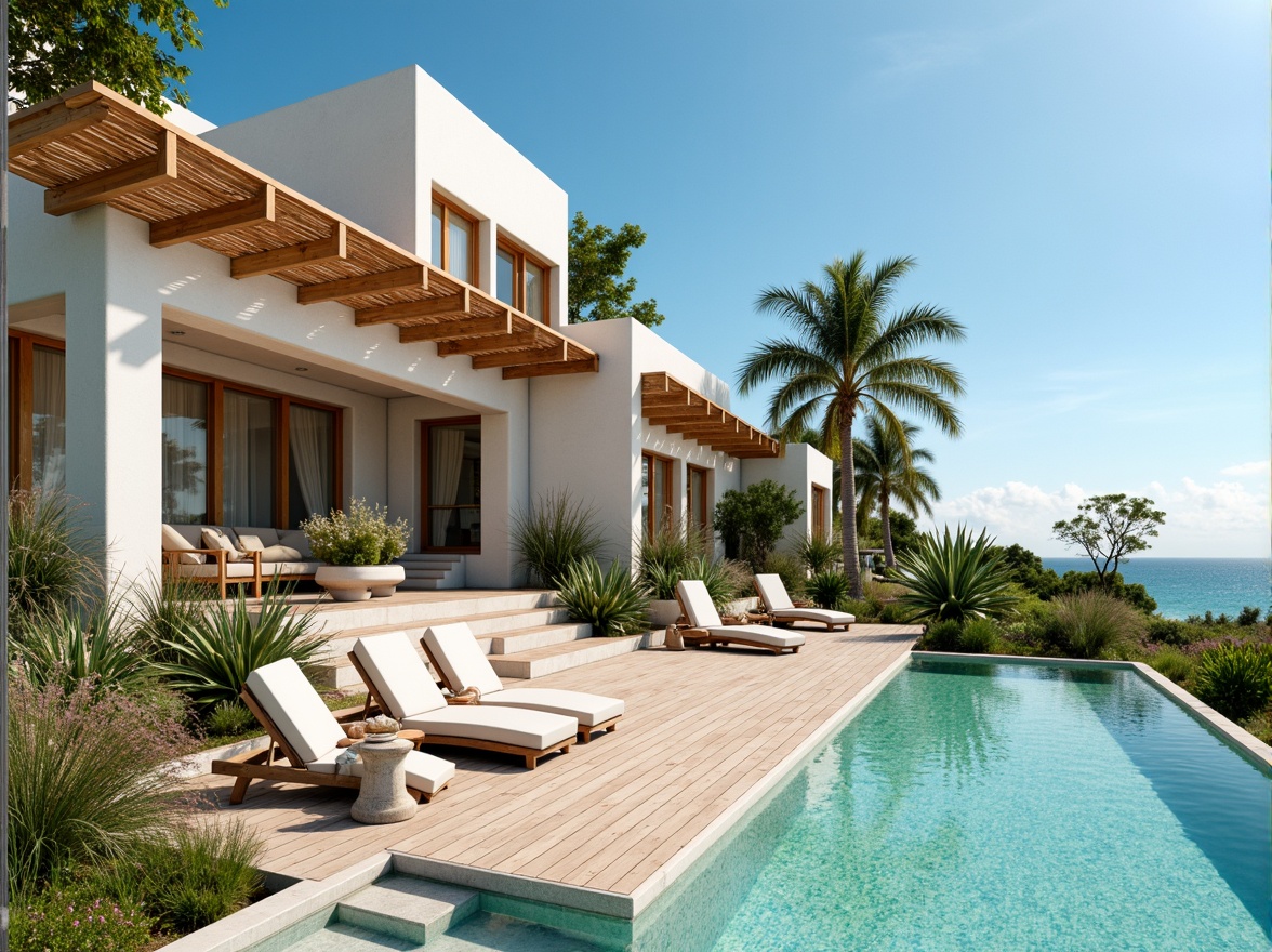 Prompt: Vibrant beachside villas, ocean-inspired hues, turquoise accents, sandy neutrals, coral pinks, seafoam greens, driftwood grays, nautical blues, warm sunny lighting, coastal textures, natural stone walls, wooden decks, seaside benches, tropical plants, palm trees, sailboat-inspired details, curved lines, minimal ornamentation, airy open spaces, large windows, sliding glass doors, stunning ocean views, 1/1 composition, shallow depth of field, soft focus effect.