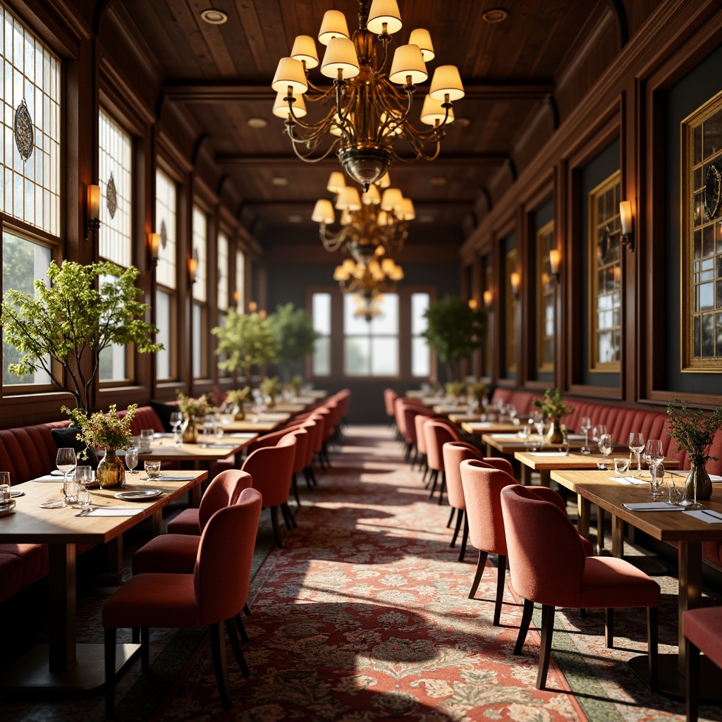 Prompt: Elegant dining hall, ornate chandeliers, sinuous wooden chairs, velvet upholstery, intricately carved tables, floral-patterned rugs, curvilinear cabinetry, stained glass windows, organic-shaped vases, polished bronze hardware, luxurious drapery, warm golden lighting, soft focus blur, 1/2 composition, atmospheric perspective, subtle color gradations, realistic wood textures, detailed fabric simulations.