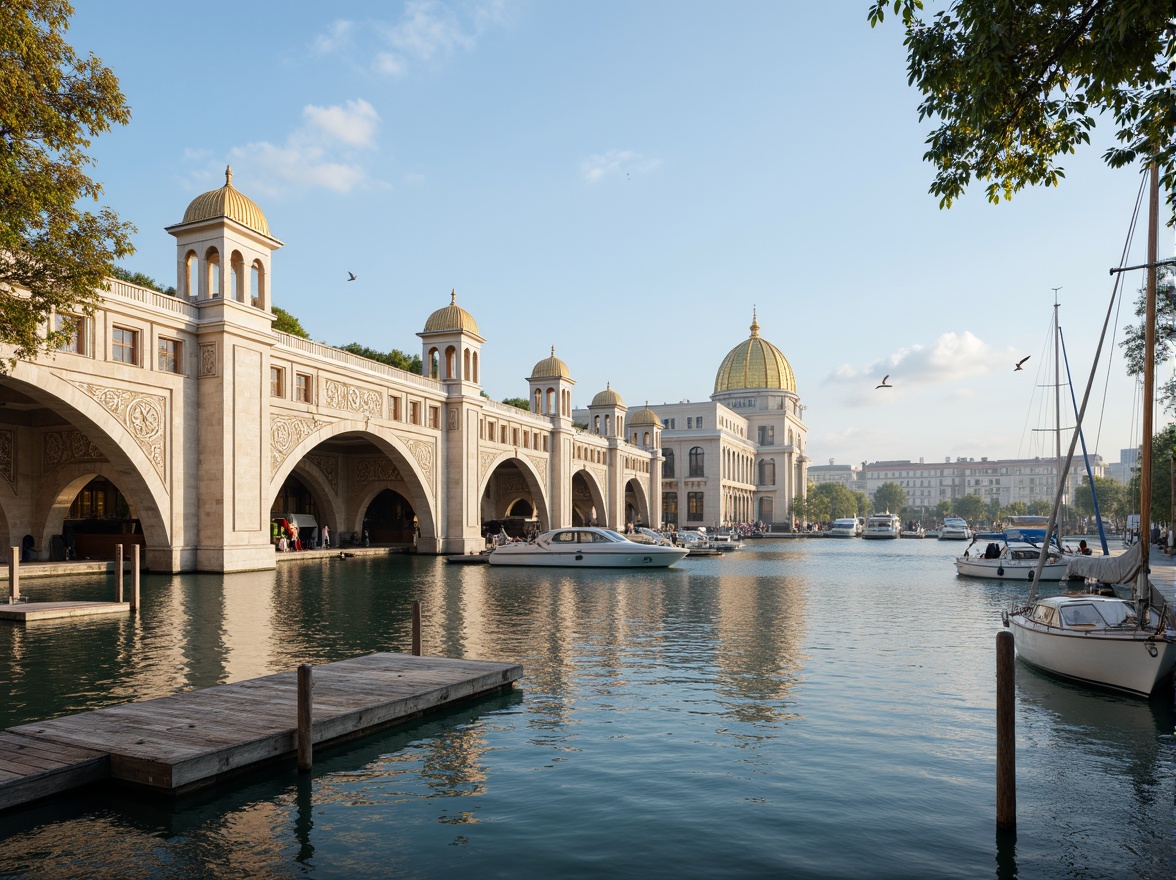 Prompt: Majestic waterfront, Byzantine-style bridge architecture, ornate stone carvings, grand arches, intricate mosaics, golden domes, rustic wooden docks, serene lake reflections, sailing boats, seagulls flying, warm sunny day, soft natural lighting, shallow depth of field, 1/1 composition, symmetrical balance, rich textures, ambient occlusion.