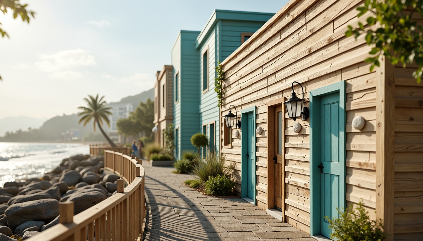 Prompt: Vibrant oceanfront buildings, pastel-colored walls, turquoise accents, sandy beige exteriors, driftwood-inspired textures, nautical-themed decorations, seashell-adorned facades, sunny coastal atmosphere, warm golden lighting, shallow depth of field, 1/2 composition, soft focus, calming color palette, natural stone pathways, weathered wood decks, beachy vibe, refreshing ocean breeze.