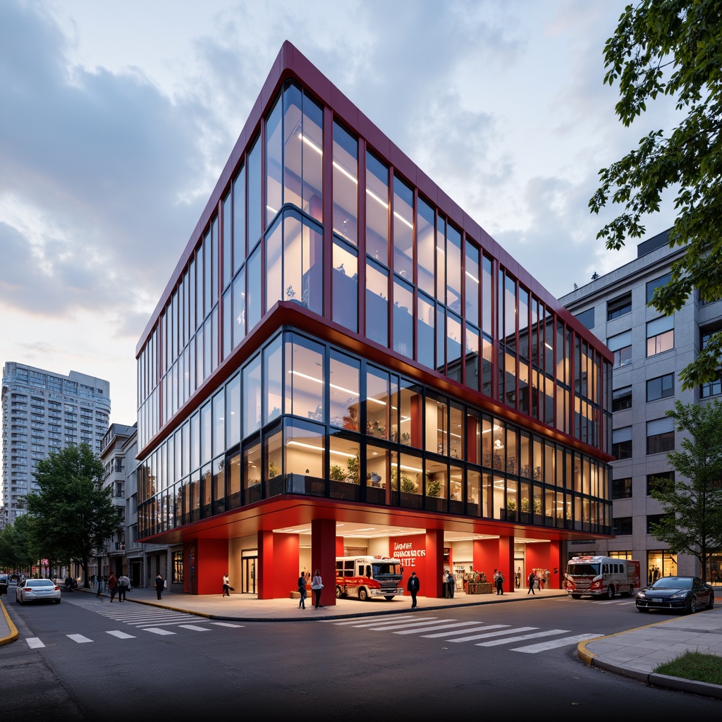 Prompt: Modern fire station, sleek glass fa\u00e7ade, bold red accents, emergency vehicle bays, training facilities, smoke-free interior, sprinkler systems, fire-resistant materials, alarm systems, escape routes, emergency lighting, firefighter equipment displays, urban cityscape backdrop, cloudy sky with sunbeams, soft warm lighting, shallow depth of field, 3/4 composition, panoramic view, realistic textures, ambient occlusion.