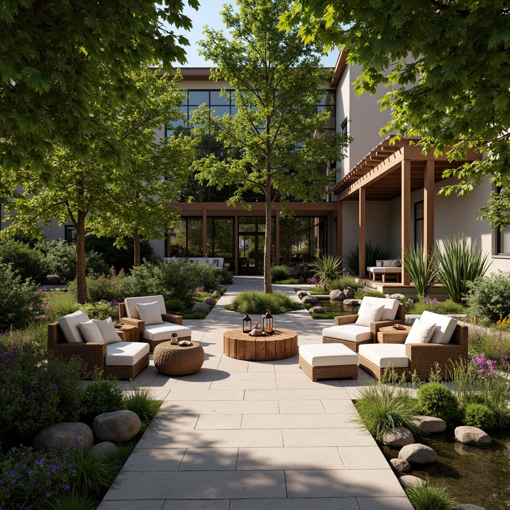 Prompt: Cozy patio, natural stone flooring, lush greenery, vibrant flowers, comfortable outdoor furniture, soft cushions, warm lighting, lanterns, wooden pergola, climbing vines, intimate seating areas, tranquil water features, small ponds, gentle fountains, serene ambiance, sunny day, shallow depth of field, 1/1 composition, realistic textures, ambient occlusion.