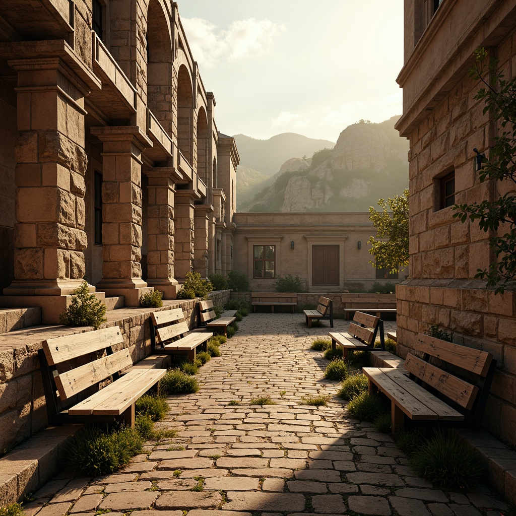 Prompt: Ancient amphitheater, rugged stone walls, worn brick pathways, distressed wooden benches, rustic metal railings, natural rock formations, earthy tone color palette, warm golden lighting, dramatic shadows, ornate architectural details, classical Greek-inspired columns, crumbling stonework, overgrown vegetation, misty atmospheric effects, shallow depth of field, 1/1 composition, symmetrical framing, realistic wear and tear textures.