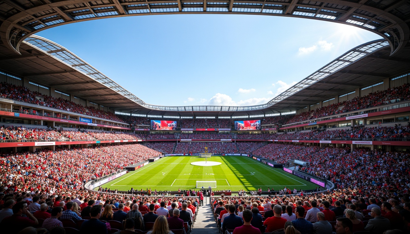 Prompt: Vibrant sports stadium, dynamic seating areas, energetic crowd atmosphere, bold primary colors, bright secondary hues, contrasting team logos, illuminated scoreboards, sleek modern architecture, angular lines, metallic materials, urban landscape, sunny day, dramatic shadows, high-contrast lighting, 1/1 composition, realistic textures, ambient occlusion.