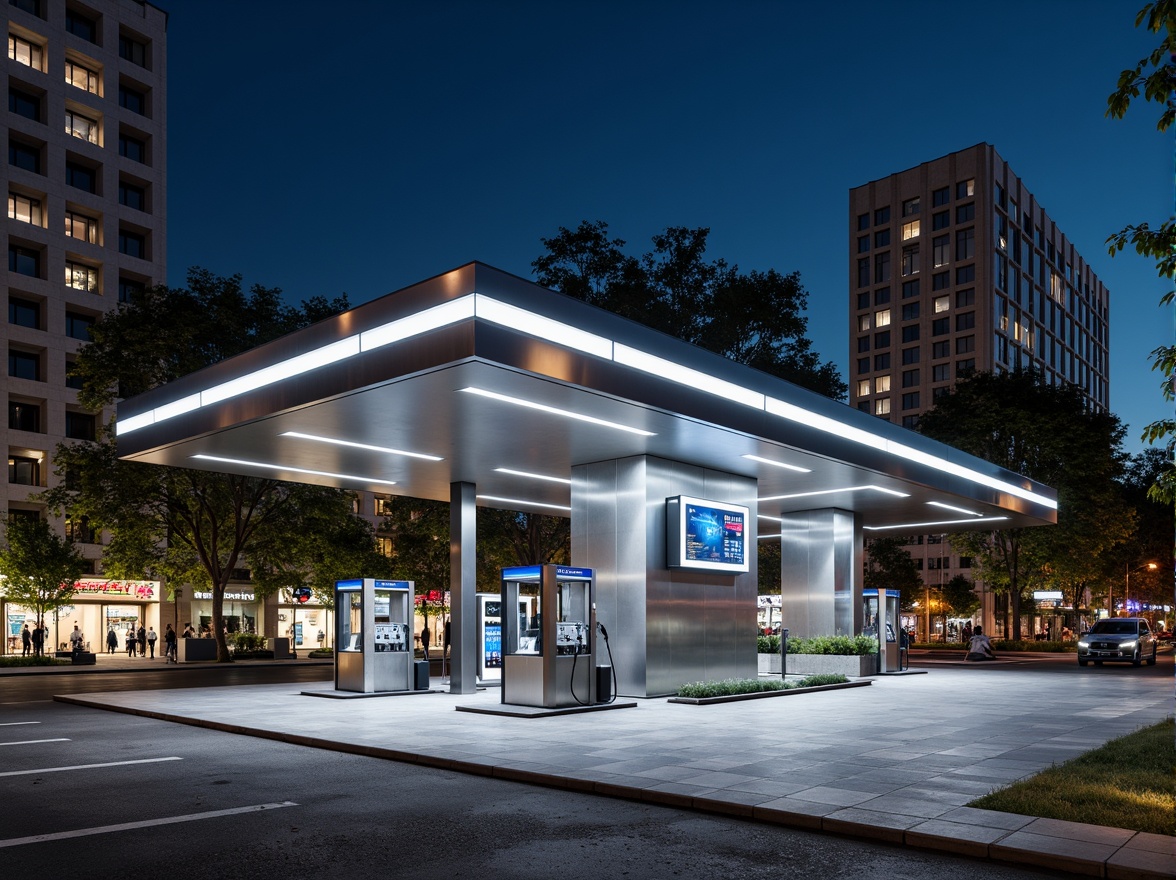 Prompt: Modern gas station, sleek metallic fa\u00e7ade, LED lighting strips, glass canopies, angular lines, minimalist design, sustainable energy solutions, solar panels, green roofs, eco-friendly materials, recycled plastics, industrial-chic aesthetic, urban landscape, busy streets, vibrant city lights, night-time ambiance, shallow depth of field, 3/4 composition, realistic textures, ambient occlusion.