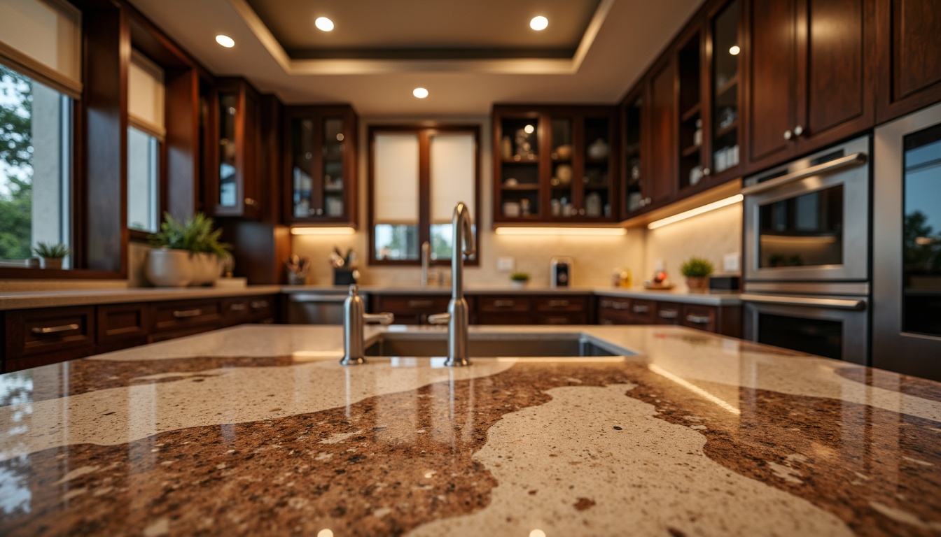 Prompt: Polished granite countertops, earthy tones, natural textures, luxurious modern kitchen, high-gloss finishes, sleek cabinetry, stainless steel appliances, ambient warm lighting, shallow depth of field, 1/1 composition, realistic reflections, ornate details, sophisticated ambiance, elegant living spaces, refined interior design, premium quality materials, durable surfaces, low-maintenance features.