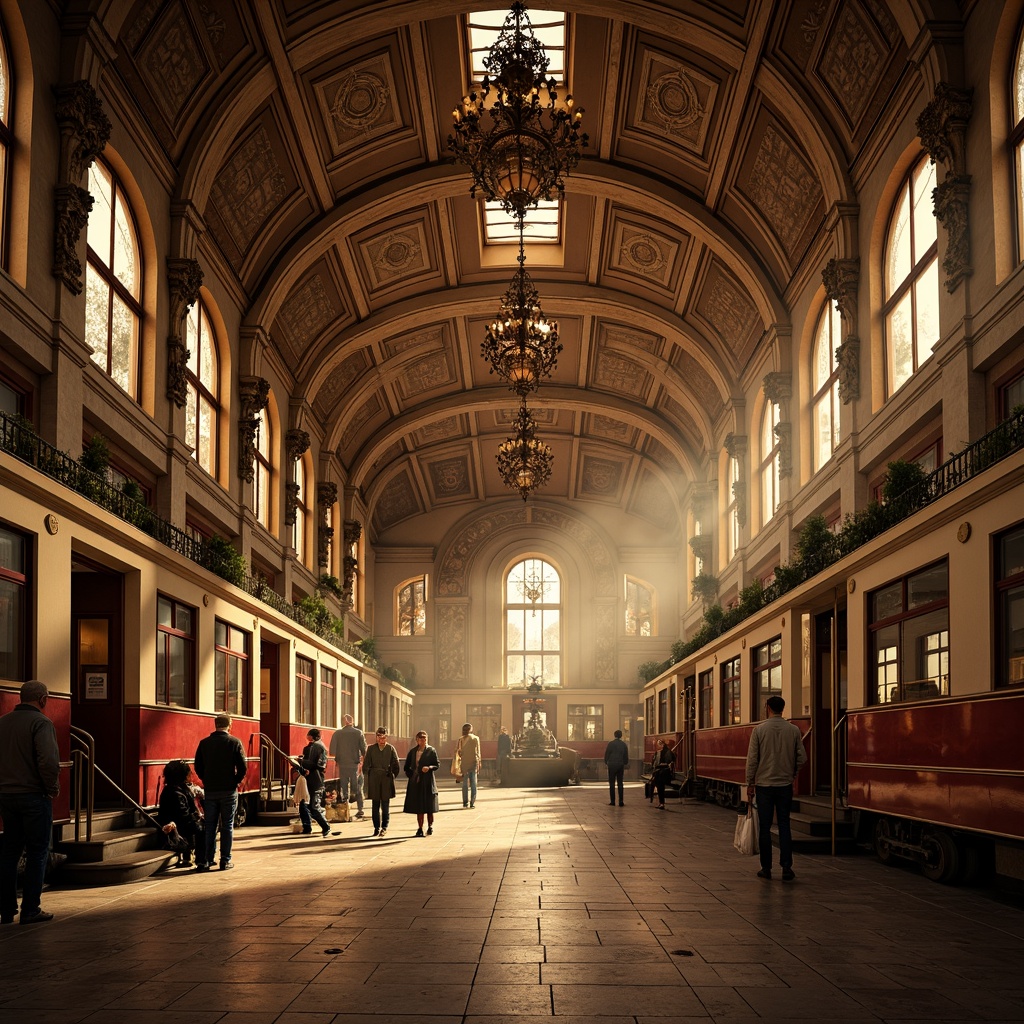 Prompt: Grand tram station, ornate detailing, intricate stonework, vaulted ceilings, majestic columns, regal chandeliers, polished marble floors, vintage train cars, nostalgic atmosphere, warm golden lighting, soft focus, shallow depth of field, 1/2 composition, symmetrical framing, realistic textures, ambient occlusion.