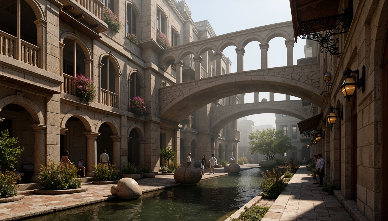 Prompt: Ancient stone bridges, Byzantine architecture, ornate carvings, intricate mosaics, rustic stonework, weathered arches, grandiose columns, ornamental capitals, mystical symbols, golden accents, rich textiles, regal atmosphere, dramatic lighting, misty mornings, atmospheric perspective, 1/2 composition, warm color palette, realistic stone textures, subtle ambient occlusion.