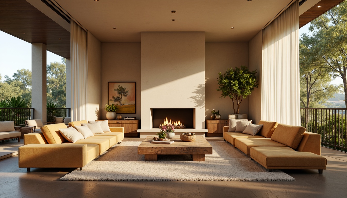 Prompt: Cozy living room, warm beige walls, plush velvet sofas, rustic wooden coffee tables, soft golden lighting, comfortable cushions, natural stone fireplaces, modern minimalist decor, large windows, sheer white curtains, lush greenery views, intimate seating areas, calming color palette, subtle textures, 1/1 composition, soft focus, warm atmosphere.