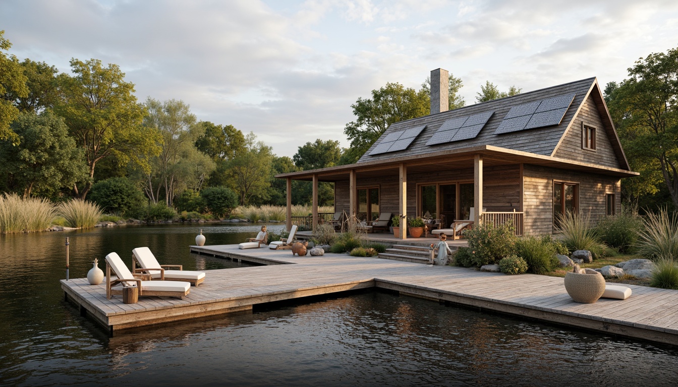 Prompt: Rustic boathouse, wooden dock, serene lake views, natural reeds, aquatic plants, reclaimed wood accents, eco-friendly roofing materials, solar panels, rainwater harvesting systems, recycled metal components, low-maintenance decking, weathered wooden textures, soft warm lighting, shallow depth of field, 3/4 composition, panoramic view, realistic water reflections, ambient occlusion.