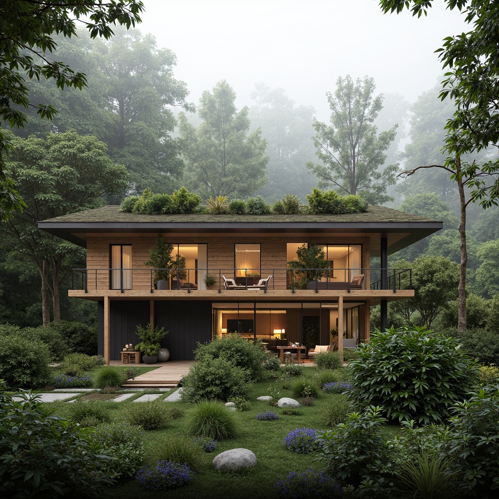 Prompt: Eco-friendly villa, bamboo roofing, reclaimed wood accents, living green walls, organic gardens, natural stone foundations, low-carbon footprint, solar panels, rainwater harvesting systems, minimalist interior design, recycled glass features, FSC-certified wood flooring, energy-efficient appliances, double-glazed windows, passive house principles, serene forest surroundings, misty morning atmosphere, soft warm lighting, shallow depth of field, 3/4 composition, realistic textures, ambient occlusion.