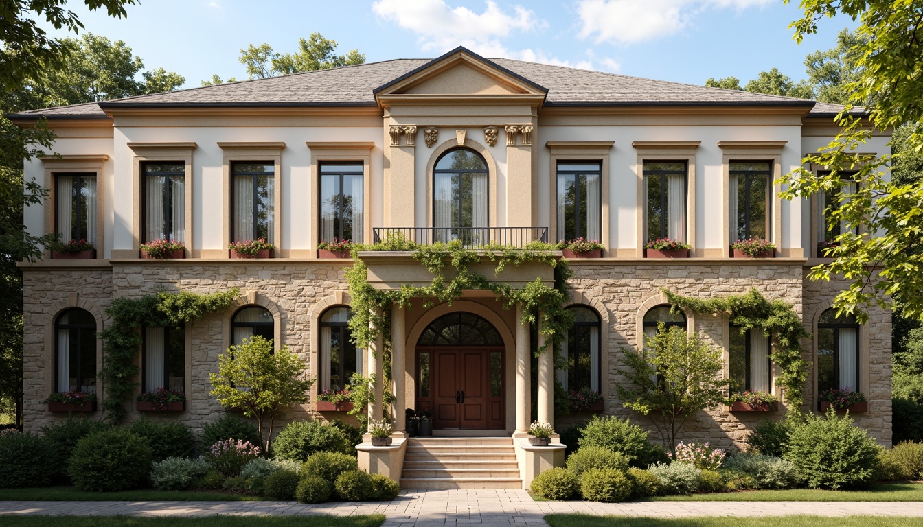 Prompt: Traditional school fa\u00e7ade, symmetrical composition, ornate entrance, Doric columns, arched windows, rustic stone walls, cream-colored brickwork, classic rooflines, balanced proportions, elegant cornices, subtle molding details, vintage metal lanterns, lush green ivy, blooming flowerboxes, warm afternoon sunlight, soft shadowing, 1/1 composition, realistic textures, ambient occlusion.