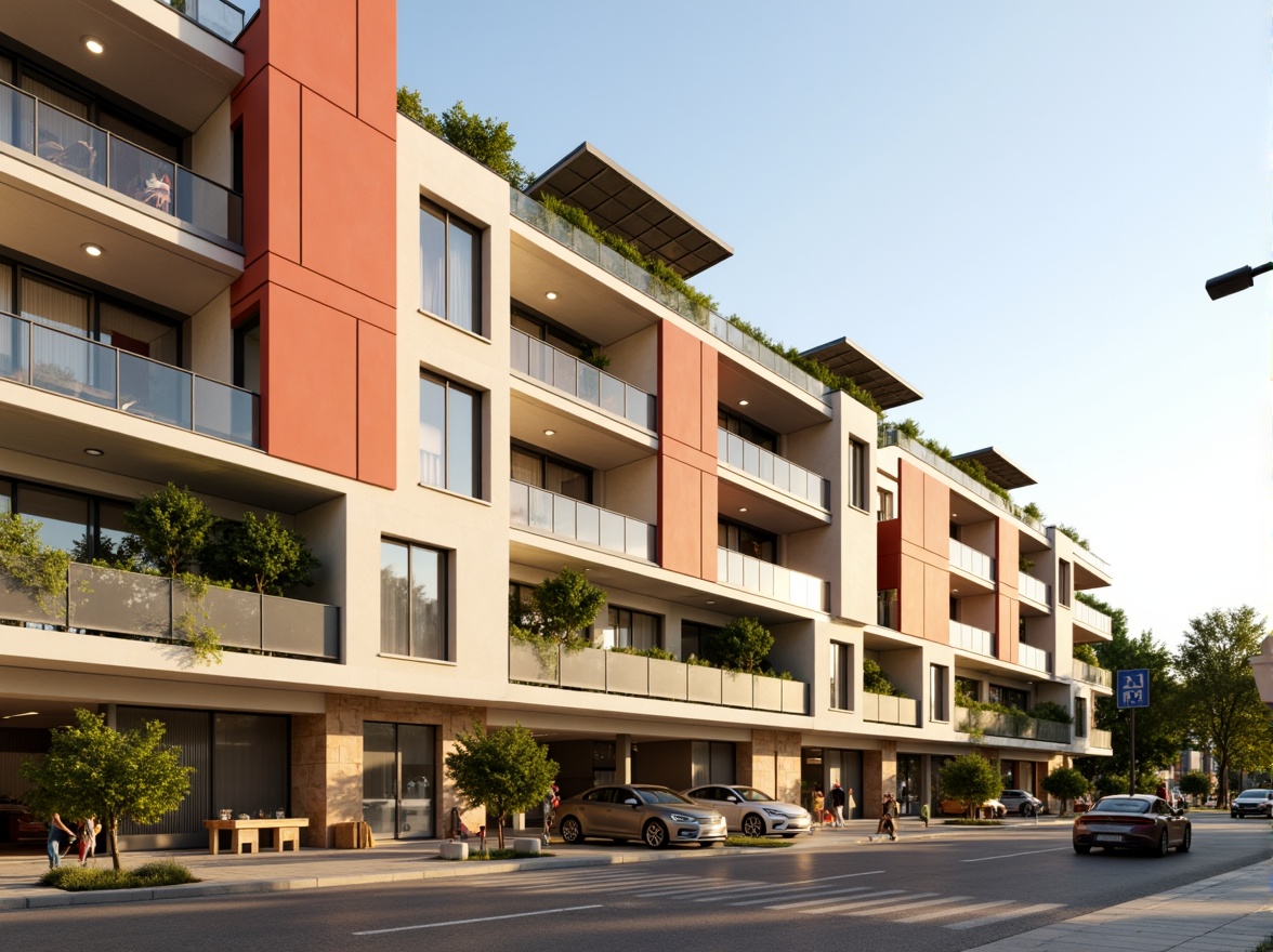 Prompt: Vibrant hospital social housing facade, warm beige tones, horizontal lines, rectangular windows, cantilevered balconies, green roofs, solar panels, modern minimalist architecture, wheelchair-accessible ramps, automatic sliding doors, natural stone cladding, aluminum frames, frosted glass railings, lively urban landscape, pedestrian-friendly streets, public art installations, sunny afternoon, soft warm lighting, shallow depth of field, 1/2 composition, realistic textures, ambient occlusion.