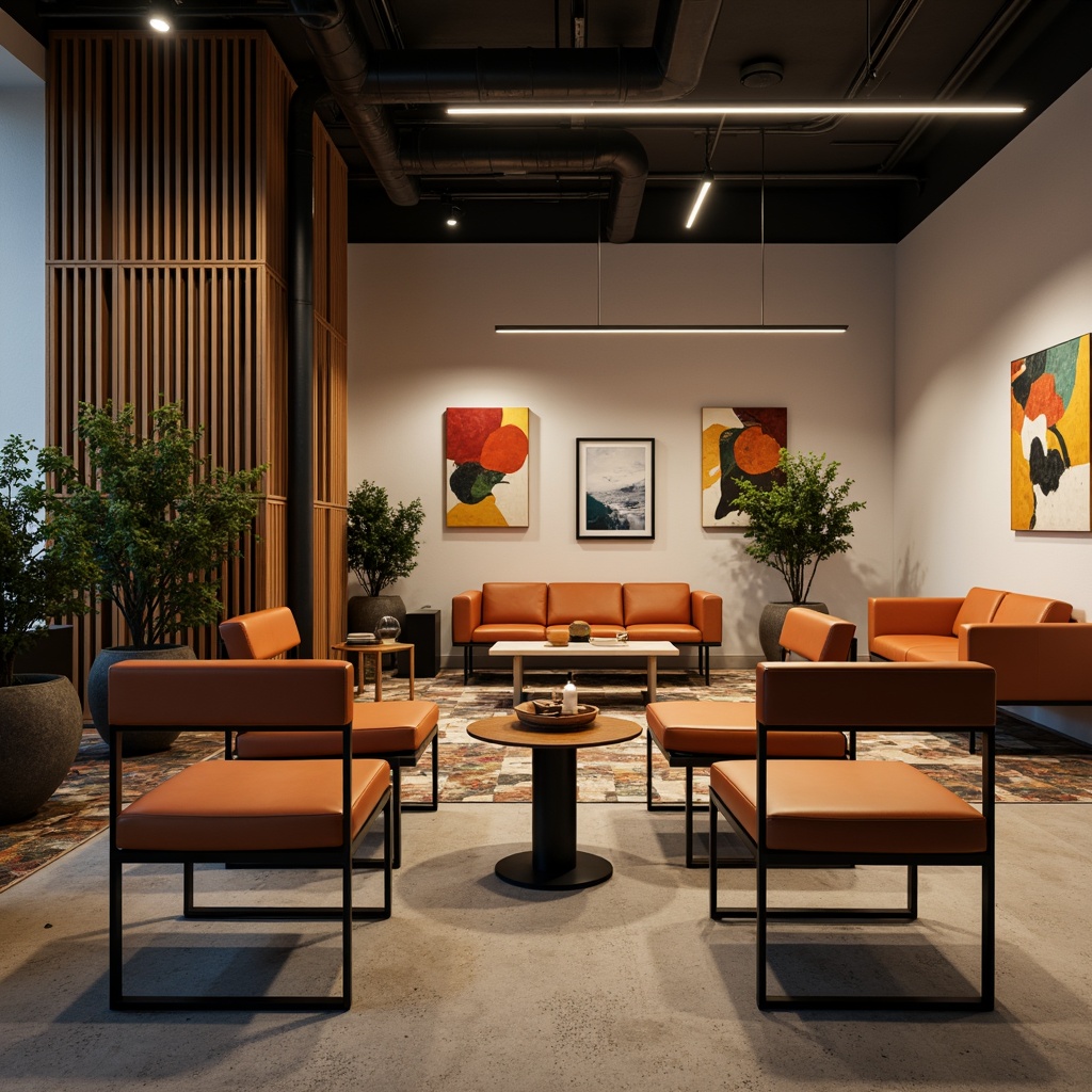 Prompt: Geometric Bauhaus interior, minimalist decor, industrial metal chairs, bold color accents, tubular steel frames, leather upholstery, geometric patterns, abstract artwork, modern lighting fixtures, concrete floors, functional simplicity, 1/1 composition, low-angle shot, dramatic shadows, warm atmospheric lighting.