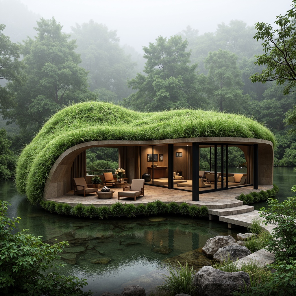 Prompt: Organic pavilion, curvaceous blob-like structure, lush green roof, verdant walls, natural stone flooring, wooden accents, floor-to-ceiling windows, sliding glass doors, scenic views, surrounding forest, misty atmosphere, soft diffused lighting, shallow depth of field, 1/1 composition, panoramic view, realistic textures, ambient occlusion, harmonious blend with nature.