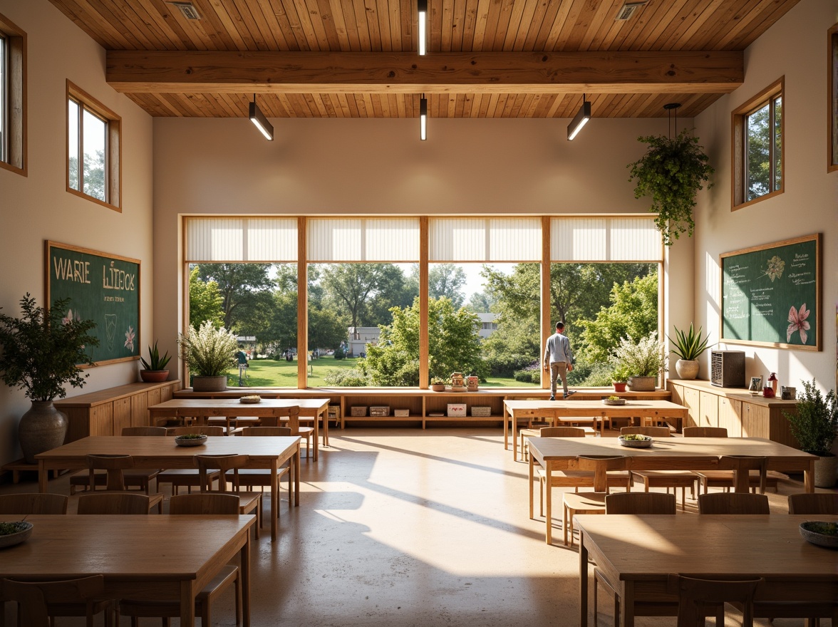 Prompt: Warm suburban school, inviting classrooms, large windows, soft diffused lighting, natural wood accents, earthy tones, calming atmosphere, gentle breeze, subtle textures, organic patterns, botanical prints, sheer curtains, linen fabrics, wooden blinds, minimalist decor, serene outdoor spaces, lush greenery, blooming flowers, tranquil ambiance, 1/1 composition, warm color palette, soft focus effect.