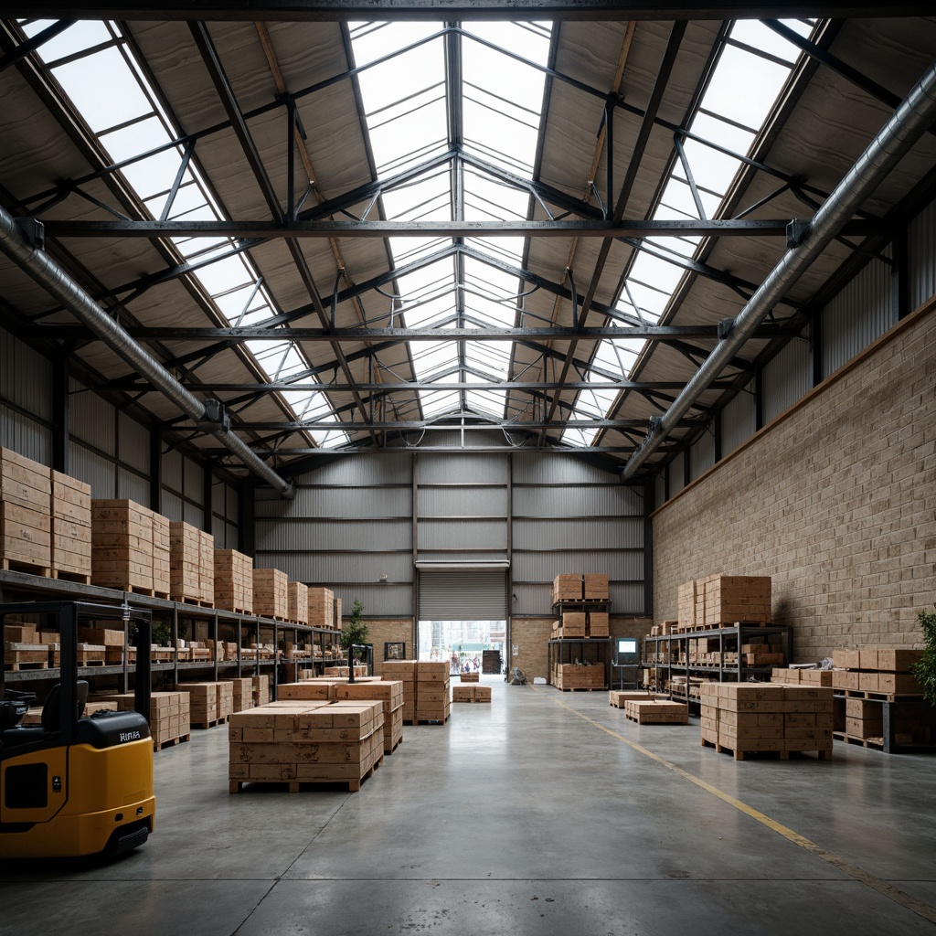 Prompt: Spacious warehouse interior, high ceilings, clerestory windows, skylights, transparent roofing, industrial metal beams, exposed ductwork, polished concrete floors, rows of shelving units, storage crates, fork lifts, natural stone walls, earthy color palette, soft diffused lighting, minimal artificial lighting, 1/1 composition, realistic textures, ambient occlusion.