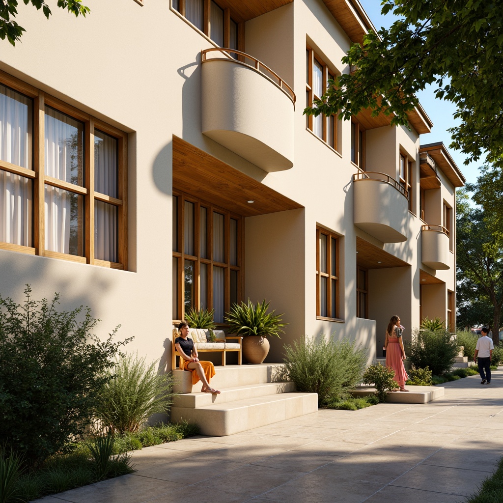 Prompt: Warm suburban school building, inviting entrance, natural stone facade, wooden door frames, soft cream-colored walls, large windows with white trim, gentle curtains with subtle patterns, elegant cornices, greenery-filled planters, outdoor seating areas, shaded walkways, warm sunny day, soft diffused lighting, shallow depth of field, 1/1 composition, realistic textures, ambient occlusion.