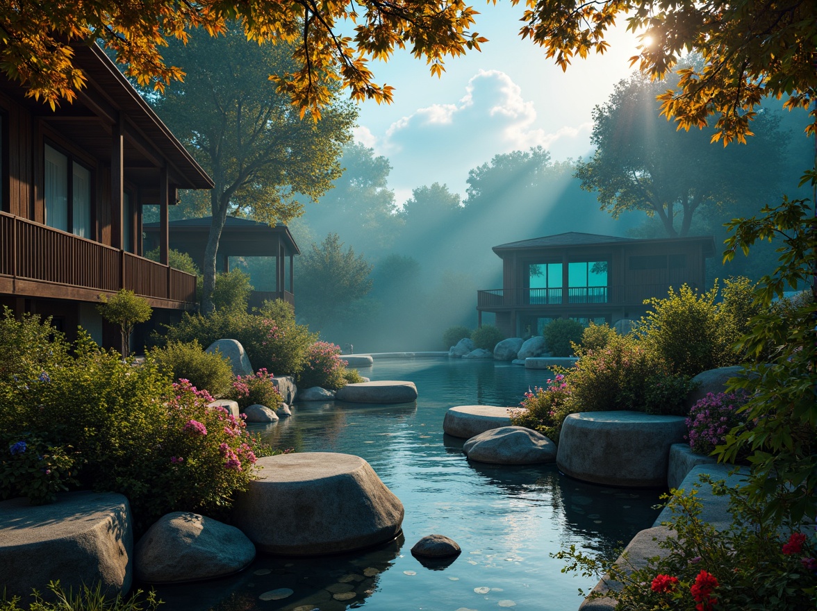 Prompt: Luxuriant sapphire blue hues, earthy brown tones, lush green foliage, delicate flower petals, soft misty atmosphere, warm golden light, serene natural ambiance, calming water features, rustic wooden accents, smooth stone textures, vibrant turquoise accents, whimsical cloud formations, airy open spaces, shallow depth of field, 1/1 composition, realistic rendering.