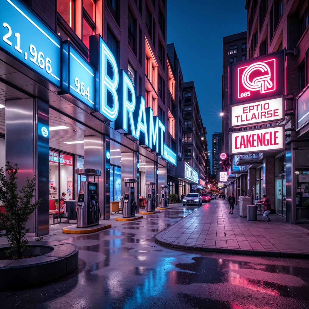 Prompt: Vibrant neon lights, bold signage, retro-futuristic gas pumps, sleek metallic surfaces, polished chrome accents, high-gloss paint finishes, geometric patterns, angular lines, minimalist architecture, urban landscape, cityscape background, bright sunny day, dramatic shadows, shallow depth of field, 3/4 composition, panoramic view, realistic textures, ambient occlusion.