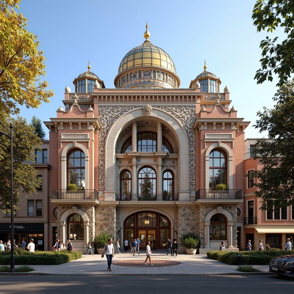 Prompt: \Majestic youth center, ornate Byzantine facade, golden domes, intricate stone carvings, vibrant mosaics, arched windows, grand entrance gates, rustic brick walls, ornamental columns, rich textiles, warm lantern lighting, shallow depth of field, 1/1 composition, realistic textures, ambient occlusion, bustling urban streetscape, lively pedestrian activity, sunny afternoon, soft warm shadows.\