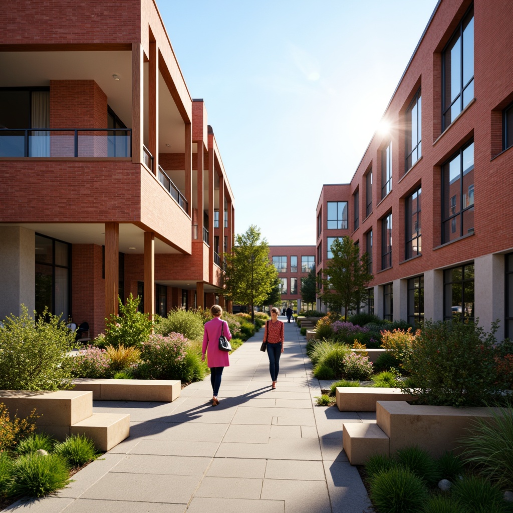 Prompt: Vibrant university campus, modern international style architecture, bold red brick buildings, sleek glass facades, angular lines, minimalist design, lush greenery, blooming flowers, walking paths, educational signs, natural stone benches, steel railings, warm golden lighting, shallow depth of field, 3/4 composition, panoramic view, realistic textures, ambient occlusion, earthy tones, rich wood accents, creamy whites, deep blues, energetic yellows.