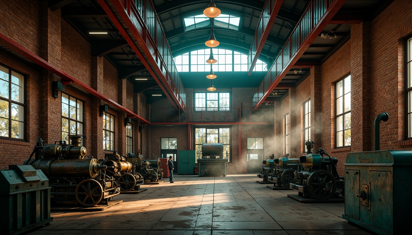 Prompt: Industrial factory backdrop, neoclassical architectural details, ornate ironwork, distressed brick walls, worn wooden beams, vintage machinery, exposed ductwork, rich turquoise accents, deep crimson hues, warm golden lighting, soft misty atmosphere, subtle lens flares, 1/2 composition, cinematic framing, intricate textures, ambient occlusion.