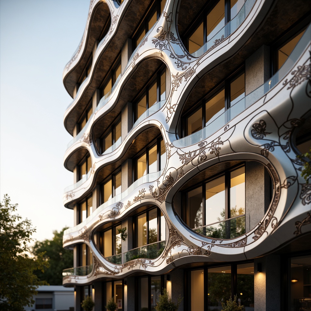 Prompt: Wavy aluminium cladding, ornate metalwork, flowing organic patterns, modern art nouveau revival, sleek curved lines, iridescent glass accents, champagne metallic finish, intricate botanical motifs, luxurious materials, high-end residential building, upscale urban setting, morning sunlight, soft warm lighting, shallow depth of field, 1/2 composition, realistic reflections, ambient occlusion.