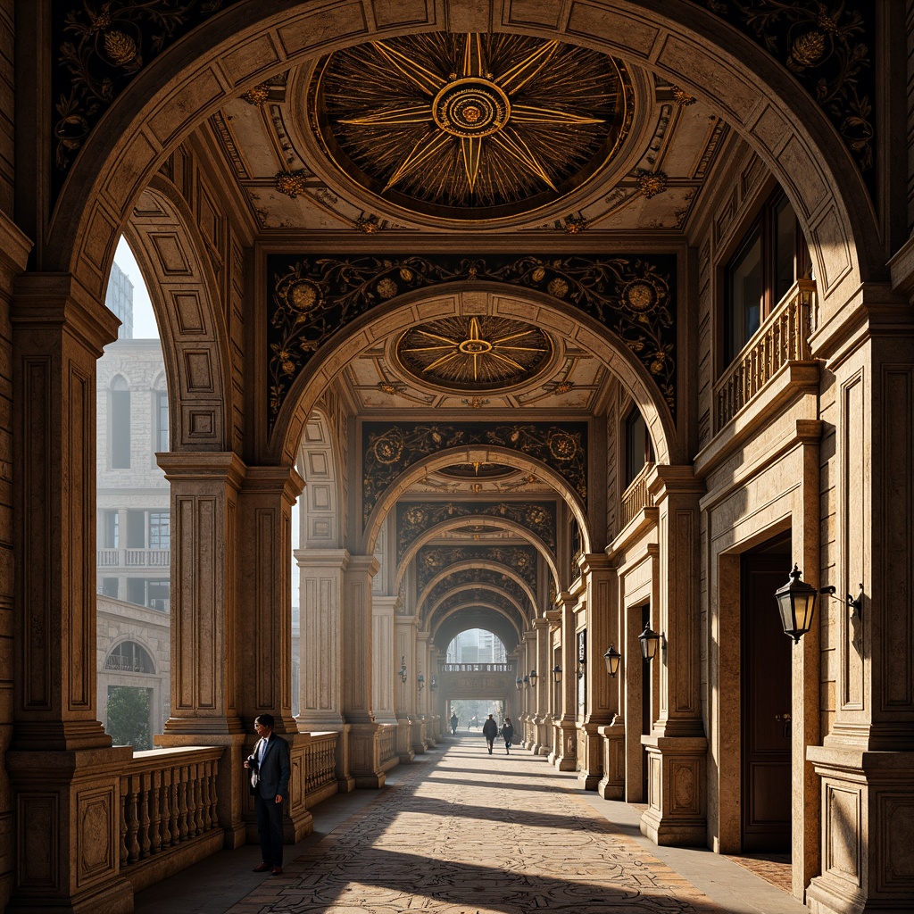 Prompt: Intricate stone carvings, ornate metalwork, grand arches, majestic columns, vibrant mosaics, golden accents, sacred symbols, richly textured stonework, ornamental railings, grandiose bridge architecture, sweeping curves, dramatic lighting, low-angle shot, warm color palette, high contrast ratio, 1/2 composition, atmospheric perspective.