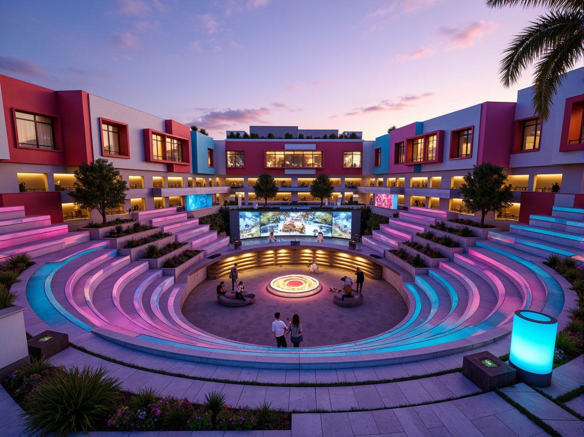 Prompt: Vibrant amphitheater, postmodernist architecture, bold color blocking, eclectic mix of patterns, pastel hues, neon accents, iridescent materials, undulating shapes, abstract forms, futuristic curves, sleek metallic surfaces, LED lighting installations, gradient skies, warm sunset tones, deep shadows, high contrast, dramatic spotlighting, 3/4 composition, panoramic view, realistic textures, ambient occlusion.