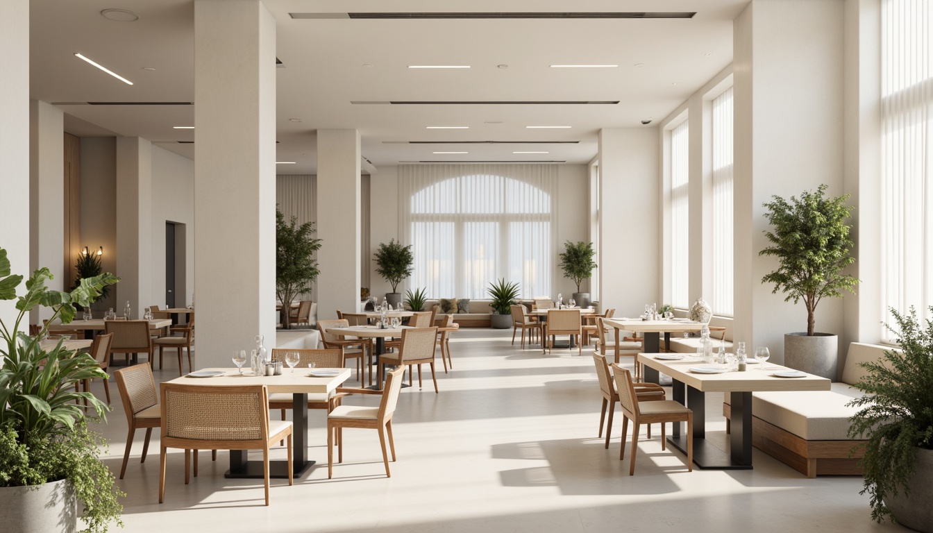 Prompt: Monochromatic dining hall, clean lines, minimal decor, neutral color scheme, creamy whites, soft grays, warm beiges, natural wood tones, sleek metal accents, simple lighting fixtures, rectangular tables, minimalist chairs, greenery accents, potted plants, natural textiles, subtle patterns, ambient lighting, shallow depth of field, 1/1 composition, realistic render.