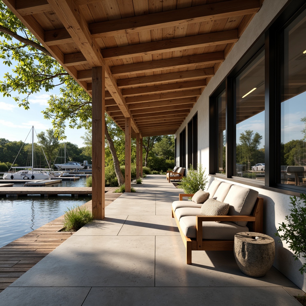 Prompt: Waterfront boathouse, wooden dock, sailboats, calm lake waters, lush greenery, natural ventilation systems, large windows, sliding glass doors, open floor plans, minimalist interior design, exposed wooden beams, polished concrete floors, industrial chic decor, abundant natural light, soft warm lighting, shallow depth of field, 1/2 composition, atmospheric perspective, realistic textures, ambient occlusion.