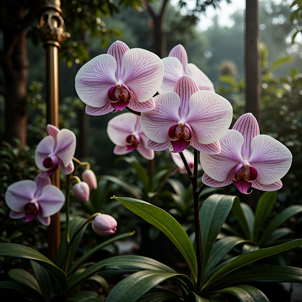 Prompt: Whimsical botanical garden, exotic orchids, delicate petals, soft pink undertones, lavender hues, creamy whites, rich emerald greens, velvety black backgrounds, ornate metal accents, intricate glasswork, lush foliage, misty atmosphere, warm golden lighting, shallow depth of field, 1/1 composition, macro photography, realistic textures, ambient occlusion.