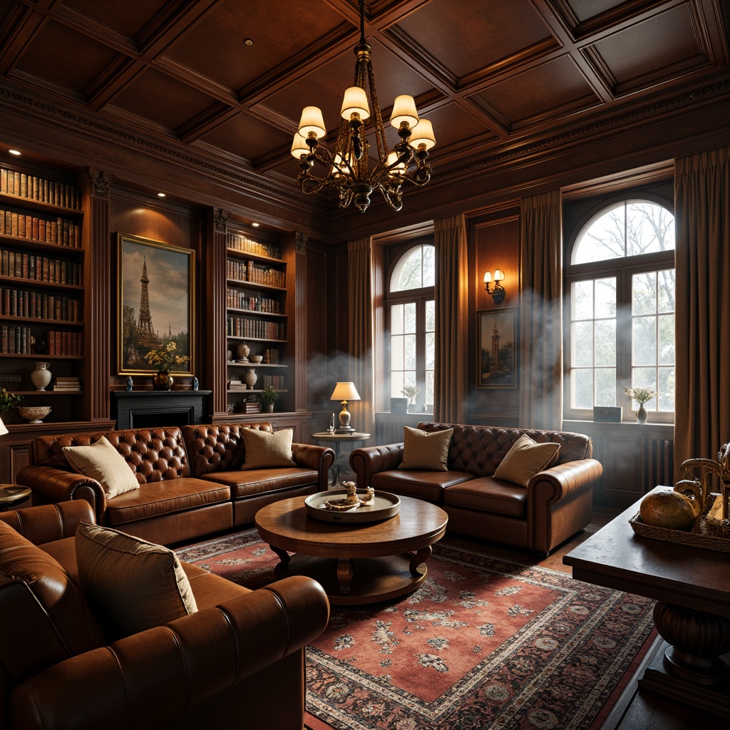 Prompt: Rich wood accents, leather-bound tomes, vintage globes, polished wooden tables, comfortable Chesterfield sofas, classic lantern-style lighting, ornate metalwork, warm earthy tones, sophisticated color palette, elegant curves, stately columns, lavish drapery, grand chandeliers, refined textures, atmospheric smoke effects, soft warm glow, 1/1 composition, shallow depth of field, realistic reflections.