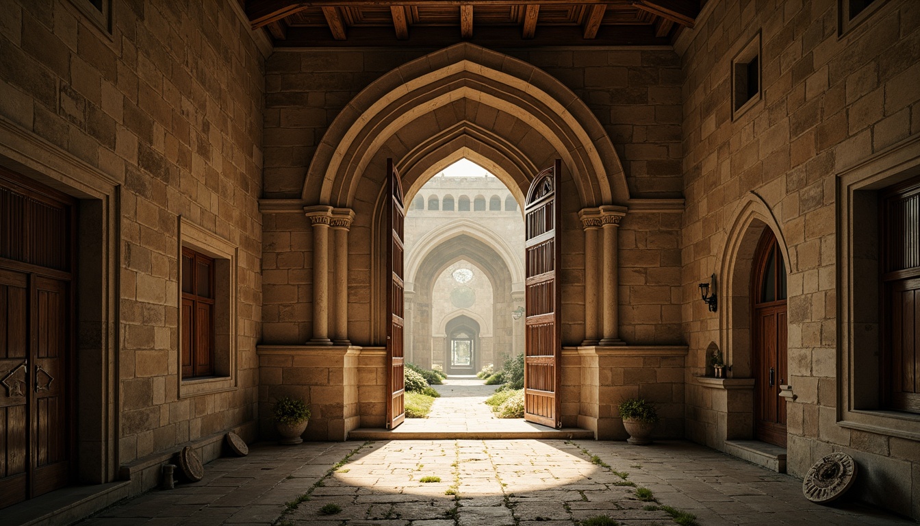 Prompt: Romanesque archway, rustic stone walls, vaulted ceilings, ornate carvings, grand entrance, symmetrical facade, rounded arches, sturdy columns, intricate moldings, weathered stonework, moss-covered surfaces, ancient ruins, atmospheric mist, warm golden lighting, shallow depth of field, 1/1 composition, dramatic shadows, high contrast, realistic textures.