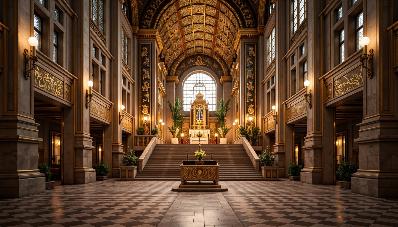 Prompt: Opulent church interior, lavish ornate details, sculpted stone facades, intricate metalwork, geometric patterns, zigzag motifs, chevron designs, luxurious materials, polished marble floors, gilded accents, stained glass windows, ornate pulpits, grandiose staircases, sweeping arches, symmetrical compositions, dramatic lighting effects, warm golden illumination, shallow depth of field, 1/1 composition, realistic textures, ambient occlusion.