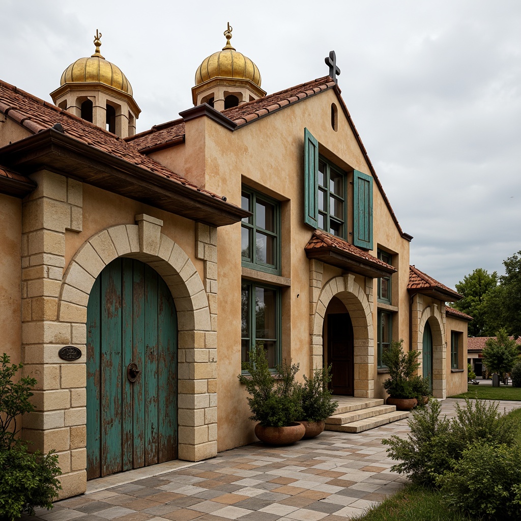 Prompt: Rustic barn, Byzantine architectural style, earthy tone, warm beige walls, terracotta rooftops, ornate golden domes, intricate stone carvings, rich turquoise accents, distressed wooden doors, vintage metal hardware, weathered copper gutters, lush greenery surroundings, overcast sky, soft diffused lighting, shallow depth of field, 1/2 composition, realistic textures, ambient occlusion.Please let me know if this meets your requirements!