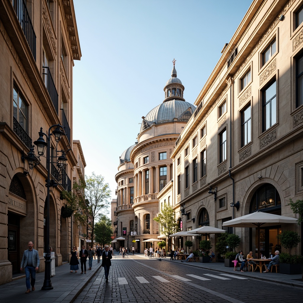 Prompt: Historic cityscape, ornate classical buildings, grandiose columns, intricate carvings, symmetrical facades, majestic arches, vibrant street life, bustling cafes, pedestrians, cyclists, vintage street lamps, cobblestone roads, urban parkettes, mature trees, natural stone pavements, warm afternoon sunlight, soft shadows, shallow depth of field, 1/2 composition, realistic textures, ambient occlusion.