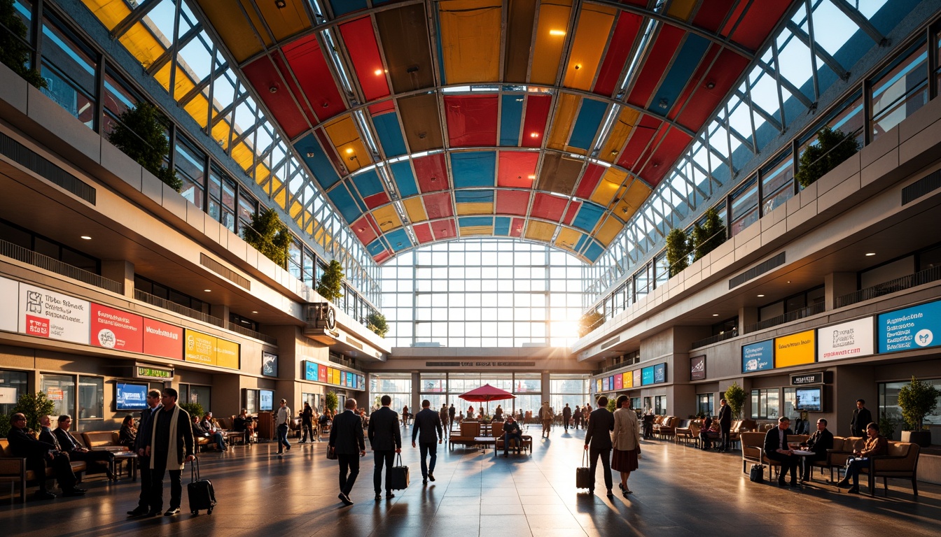 Prompt: Vibrant airport terminal, bold Expressionist architecture, dynamic curves, metallic accents, neon light installations, colorful signage, urban cityscape, busy traveler atmosphere, morning rush hour, soft golden lighting, shallow depth of field, 2/3 composition, panoramic view, realistic textures, ambient occlusion, bold color blocking, abstract geometric patterns, futuristic materials, sleek modern furniture, high-tech gadgets.