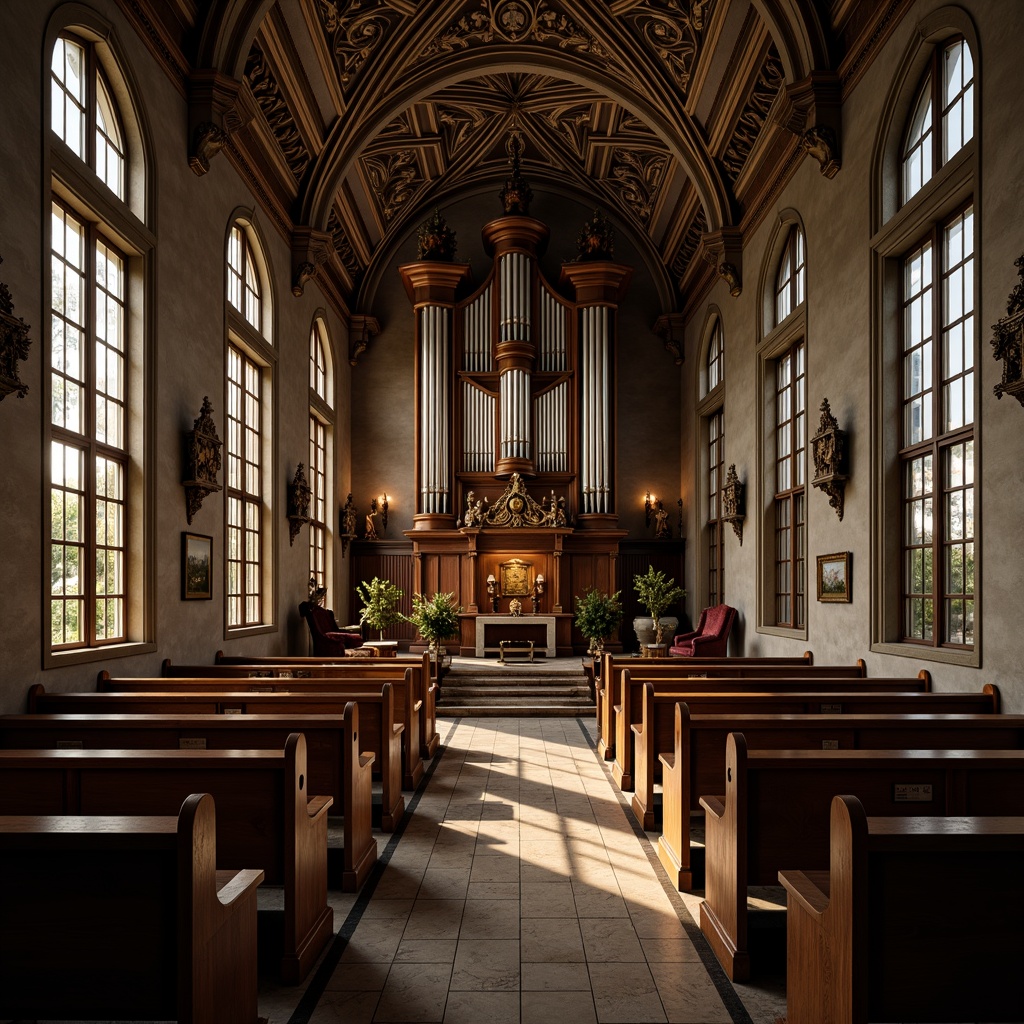 Prompt: Intimate chapel interior, ornate wooden pews, stained glass windows, grand pipe organ, vaulted ceilings, intricate stone carvings, soft warm lighting, dramatic shadows, richly textured fabrics, ornamental metalwork, devotional statues, lavish altar decorations, Baroque-inspired furnishings, classical architectural elements, somber color palette, mystical ambiance, shallow depth of field, 1/1 composition, realistic textures, ambient occlusion.