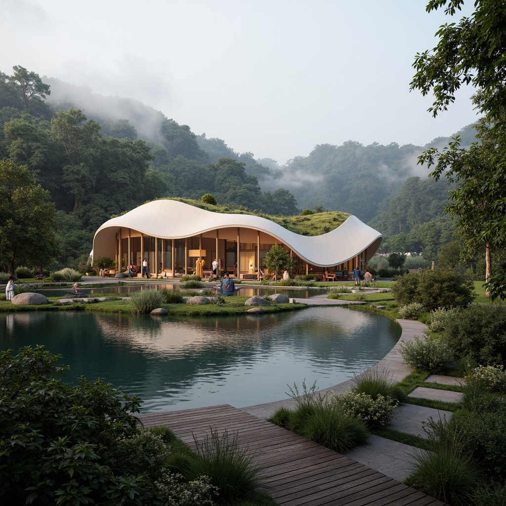 Prompt: Organic pavilion structure, curvaceous lines, translucent membranes, ambient natural light, lush green roof, native plant species, meandering walkways, wooden decking, serene water features, reflecting pools, rippling water effects, surrounding forest landscape, misty morning atmosphere, warm soft lighting, shallow depth of field, 1/1 composition, panoramic view, realistic textures, subtle color palette.