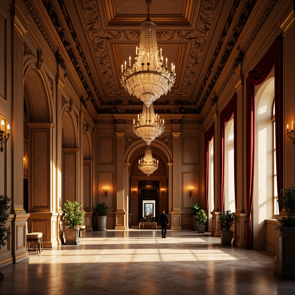 Prompt: Grand neoclassical interior, ornate chandeliers, crystal droplets, warm golden lighting, rich wood paneling, intricate moldings, high ceilings, marble floors, symmetrical composition, classical columns, archways, luxurious fabrics, velvet drapes, gilded frames, soft diffused light, subtle shadows, 1/1 composition, realistic reflections, ambient occlusion.