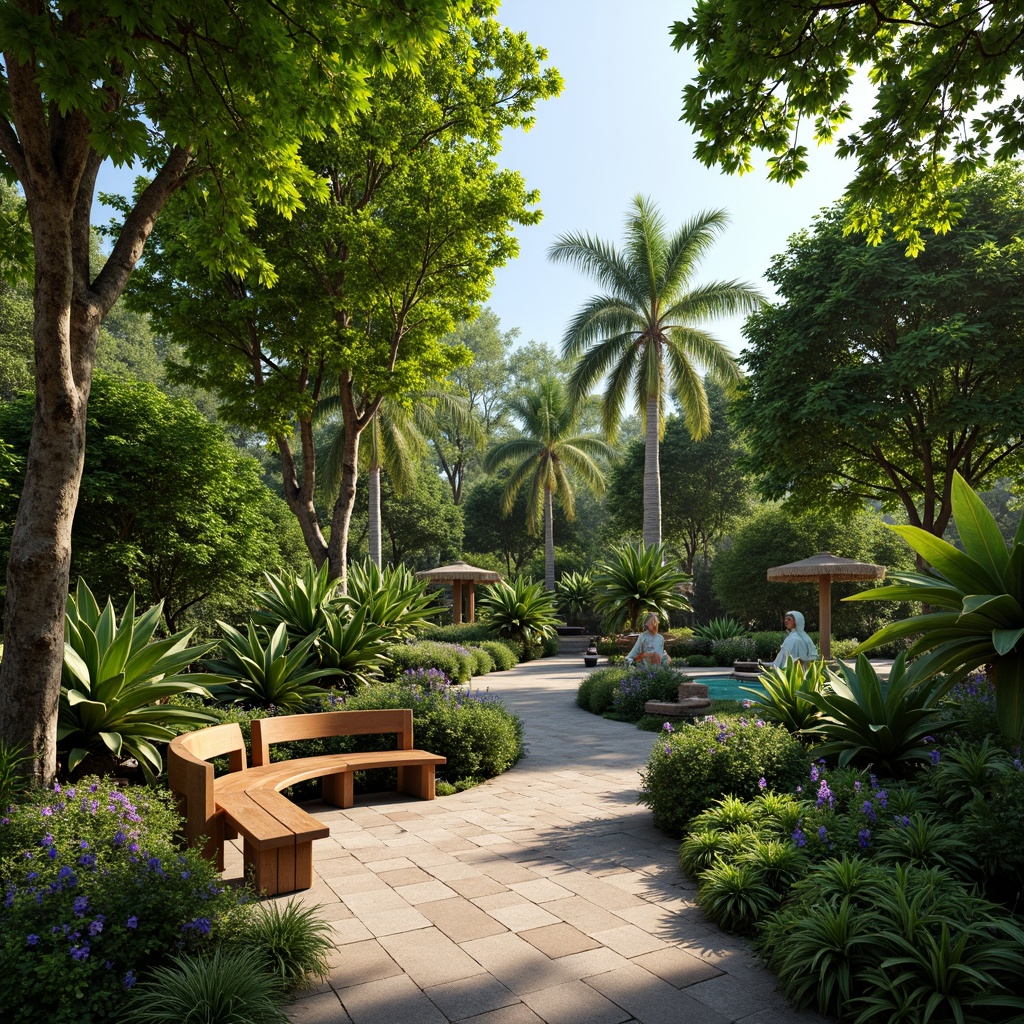 Prompt: Vibrant botanical garden, lush greenery, tropical plants, natural stone pathways, wooden benches, tranquil water features, soft warm lighting, 1/1 composition, realistic textures, ambient occlusion, refreshing atmosphere, rejuvenating ambiance, calming colors, soothing sounds, serene escape, peaceful retreat.