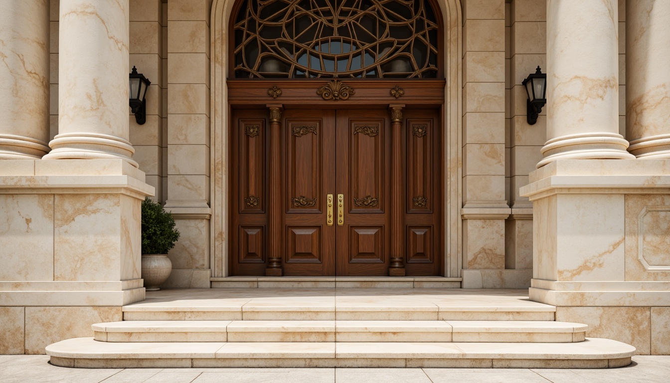 Prompt: Elegant office building, neoclassical fa\u00e7ade, ornate stone carvings, Corinthian columns, symmetrical architecture, grand entrance, bronze door handles, rich wood tones, cream-colored marble, subtle ornateness, soft natural light, warm beige stonework, classical proportions, rusticated base, ionic capitals, refined details, shallow depth of field, 1/2 composition, realistic textures, ambient occlusion.