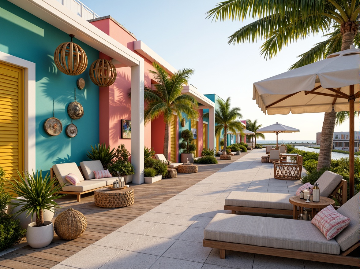 Prompt: Vibrant beachside buildings, turquoise walls, coral pink accents, sunny yellow shutters, ocean-inspired murals, driftwood decorations, natural fiber textiles, woven wicker furniture, distressed wooden floors, seaside-themed accessories, nautical rope details, shell-adorned fixtures, coastal-style signage, refreshing outdoor spaces, shaded balconies, salty air, warm sandy beaches, crystal-clear waters, serene sunrises, soft golden lighting, 1/1 composition, realistic renderings, ambient occlusion.